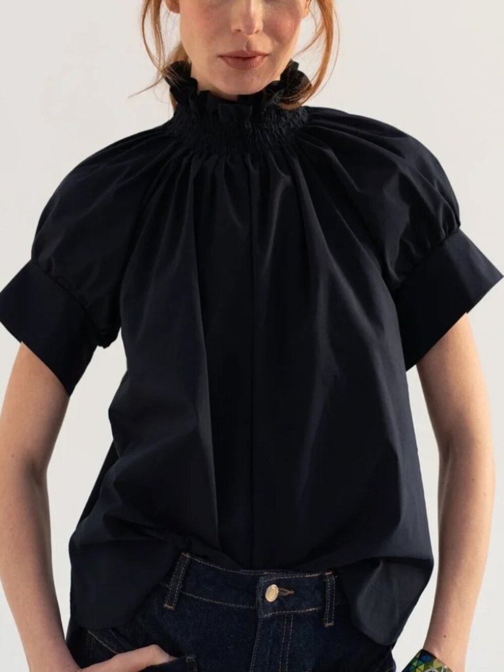 Monica Nera Franka Top Black Ruffled Neck Puff-Sleeve Top Sz Medium